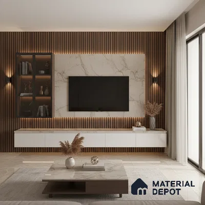 Modern living room with white marble laminate TV wall, walnut wood louvers, and beige tile flooring in Bengaluru