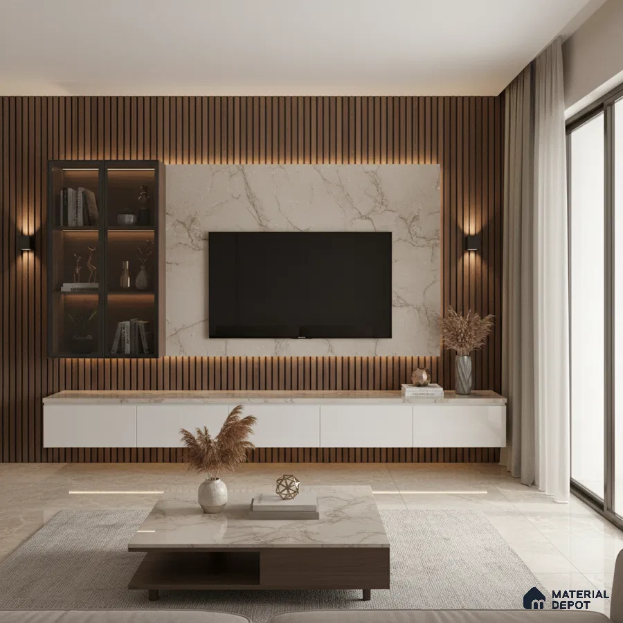 Modern living room with white marble laminate TV wall, walnut wood louvers, and beige tile flooring in Bengaluru