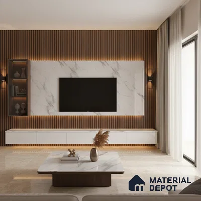 Modern living room with marble laminate TV unit, wooden fluted wall panels, and beige marble floor tiles in Bengaluru