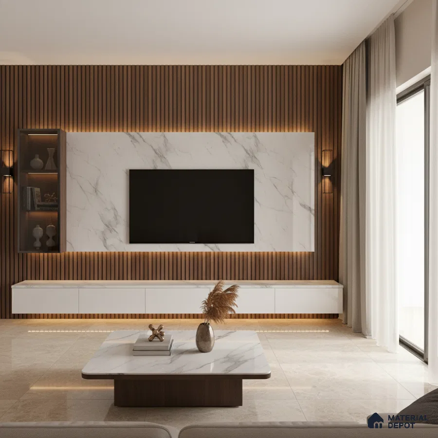 Modern living room with marble laminate TV unit, wooden fluted wall panels, and beige marble floor tiles in Bengaluru