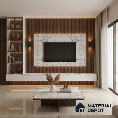 Modern living room with white marble laminate TV unit, walnut brown wooden louvers, and marble coffee table in Bengaluru
