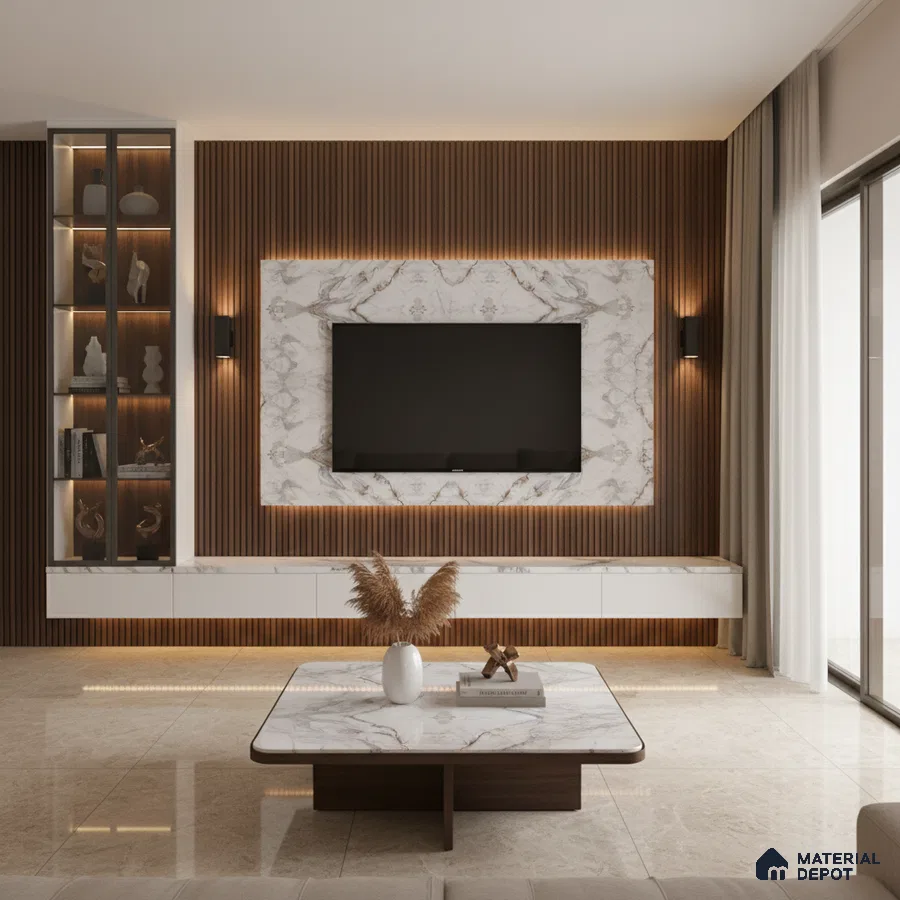Modern living room with white marble laminate TV unit, walnut brown wooden louvers, and marble coffee table in Bengaluru