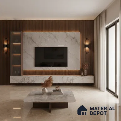 Modern living room with beige marble floor tiles, stone-look TV wall, and walnut wood louver panel in Bengaluru