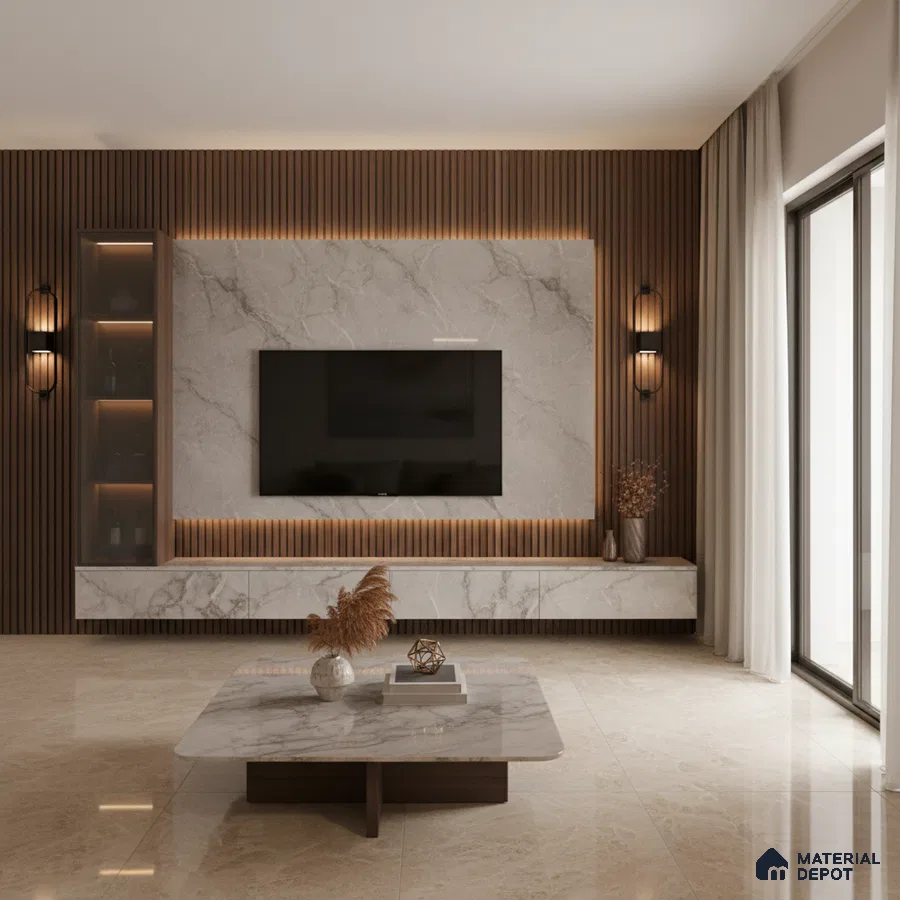 Modern living room with beige marble floor tiles, stone-look TV wall, and walnut wood louver panel in Bengaluru