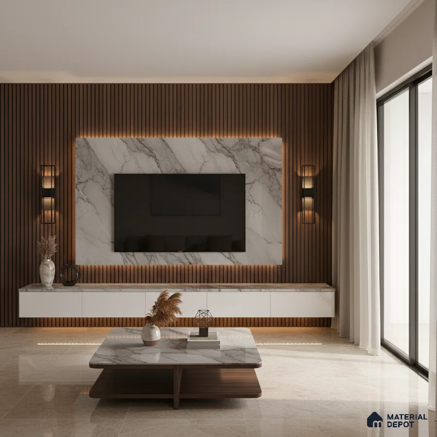 Modern living room with marble laminate TV unit, wooden fluted wall panels, and beige marble floor tiles in Bengaluru