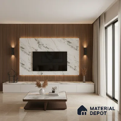 Modern living room with marble-look laminate TV wall, walnut wood louvers, and beige floor tiles in Bengaluru