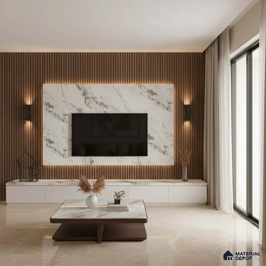 Modern living room with marble-look laminate TV wall, walnut wood louvers, and beige floor tiles in Bengaluru