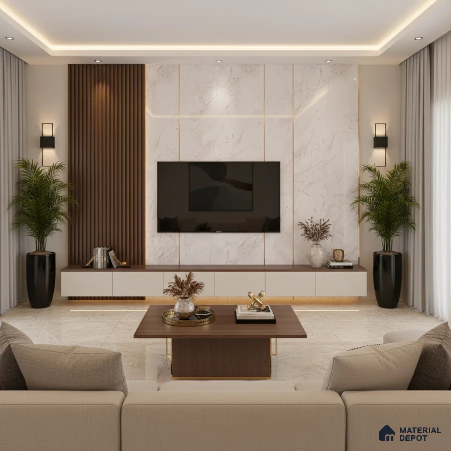 Modern living room with grey stone cladding, walnut wood louvers, and floating TV unit in Bengaluru