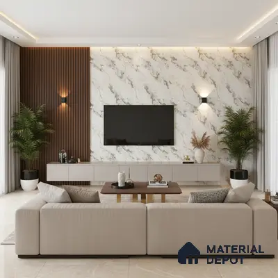 Modern living room with brown marble laminate TV wall, beige marble floor tiles, and wooden louver accent in Bengaluru