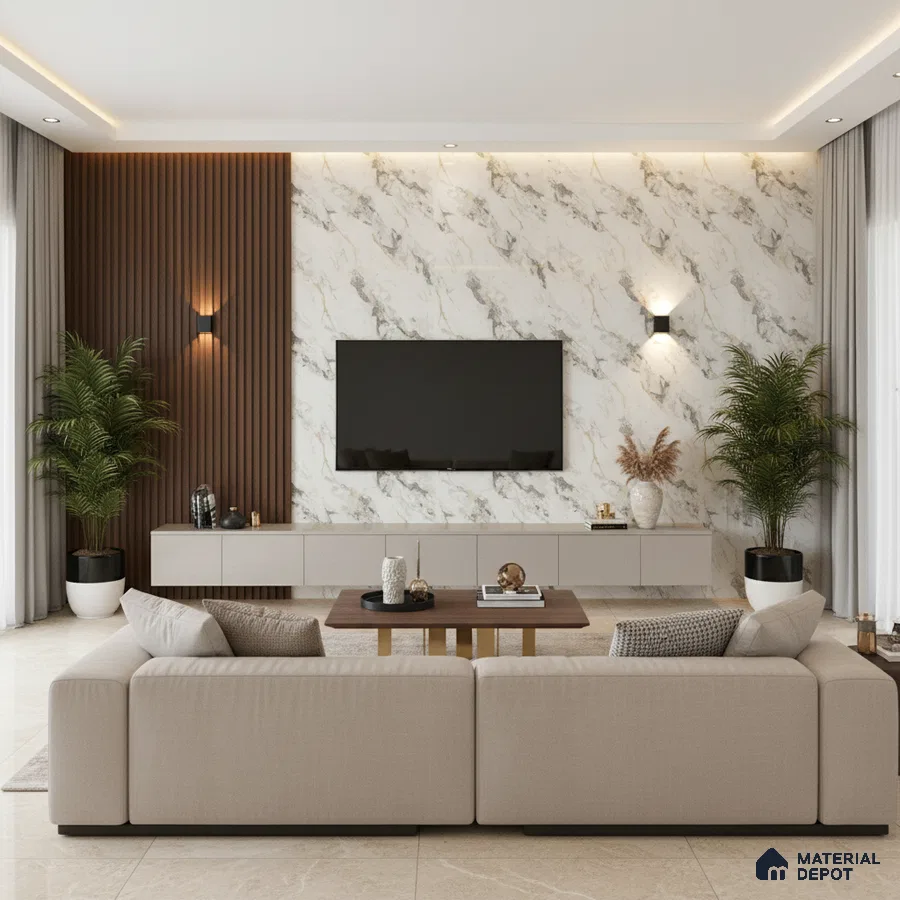 Modern living room with brown marble laminate TV wall, beige marble floor tiles, and wooden louver accent in Bengaluru