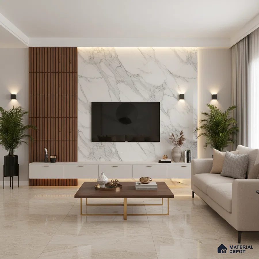 Modern TV unit with white marble laminate, walnut wood louvers, and marble floor tile in Bengaluru