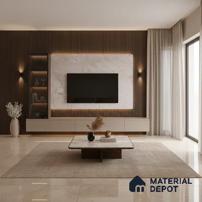 Modern living room with white marble laminate TV wall, wooden louvers, and beige floor tiles in Bengaluru