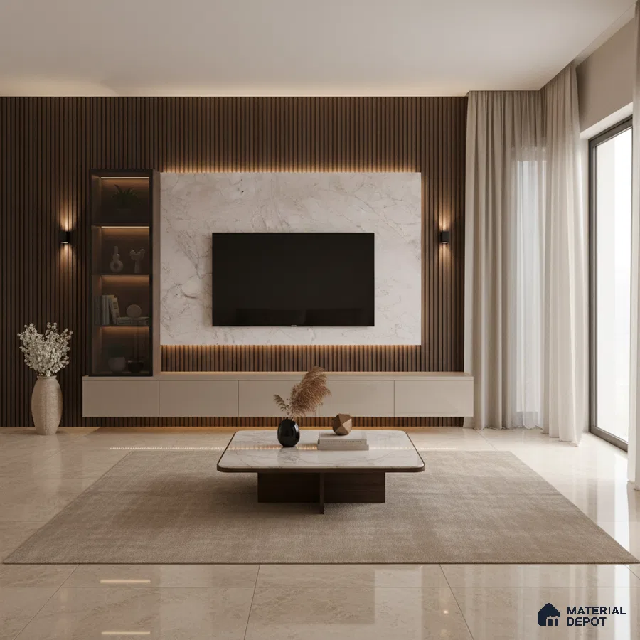 Modern living room with white marble laminate TV wall, wooden louvers, and beige floor tiles in Bengaluru