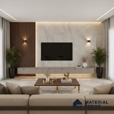 Modern living room with marble-look laminate TV unit, walnut wood louvers, and beige floor tiles in Bengaluru