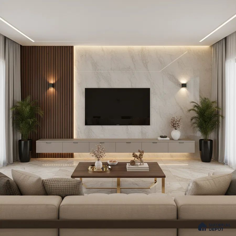 Modern living room with marble-look laminate TV unit, walnut wood louvers, and beige floor tiles in Bengaluru