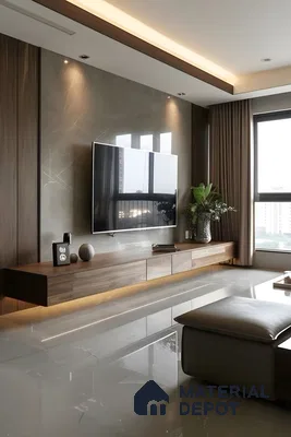 Modern Living Room with Marble Wall and Floating TV Unit | Material Depot