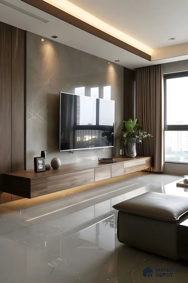 Modern Living Room with Marble Wall and Floating TV Unit | Material Depot