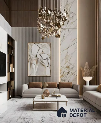 Modern Living Room with Marble Wall and Gold Accents | Material Depot