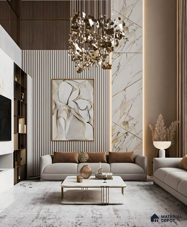 Modern Living Room with Marble Wall and Gold Accents | Material Depot
