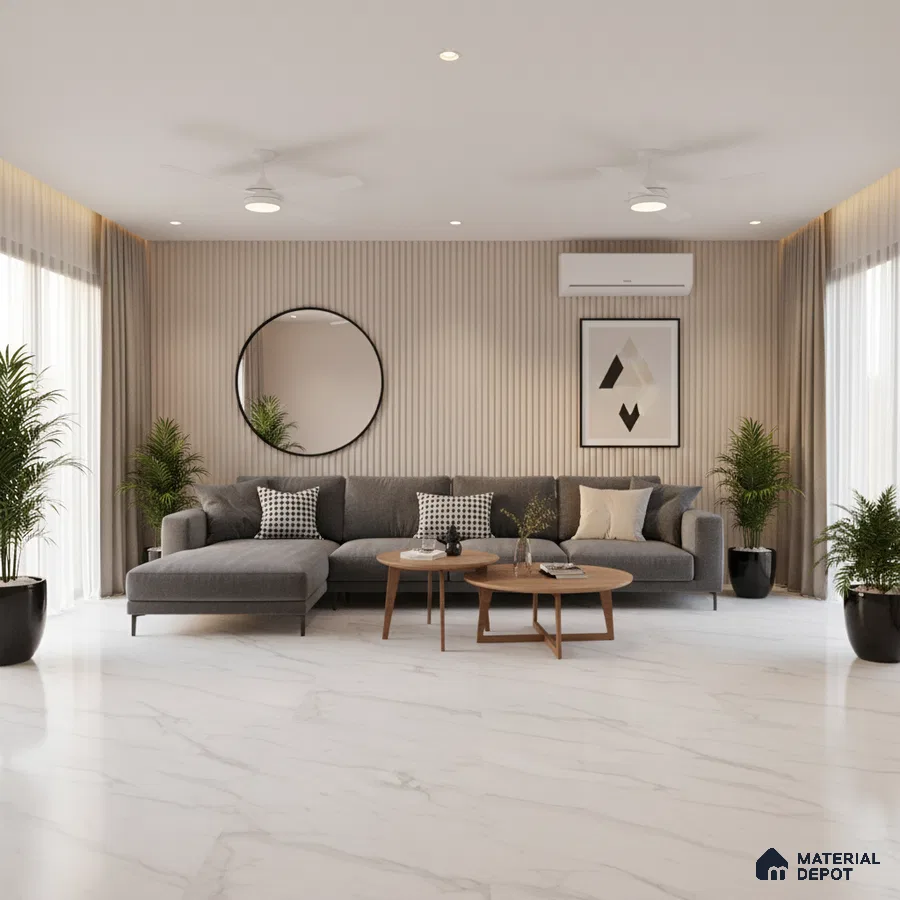 Modern living room with marble-look floor tiles and beige fluted wall panels in Bengaluru