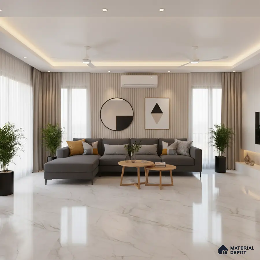 Modern living room with marble-look floor tiles and beige fluted wall panels in Bengaluru