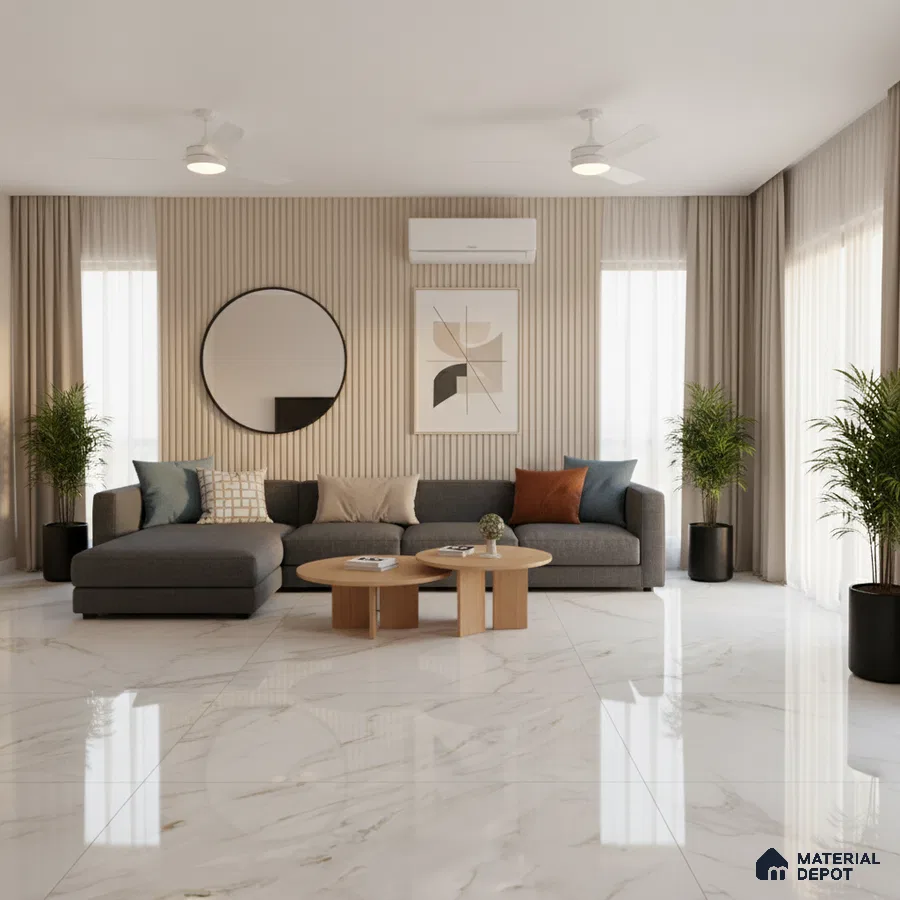 Modern living room with marble-look floor tiles and beige fluted wall panels in Bengaluru