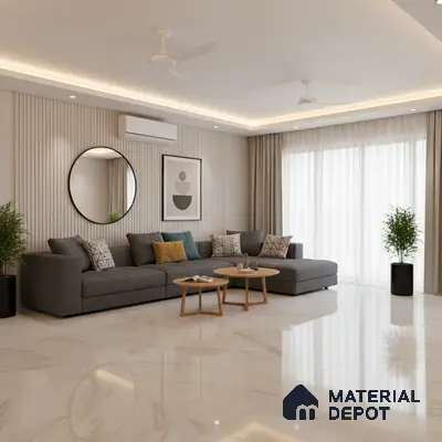 Modern living room with marble-look floor tiles and fluted wall panels in Bengaluru