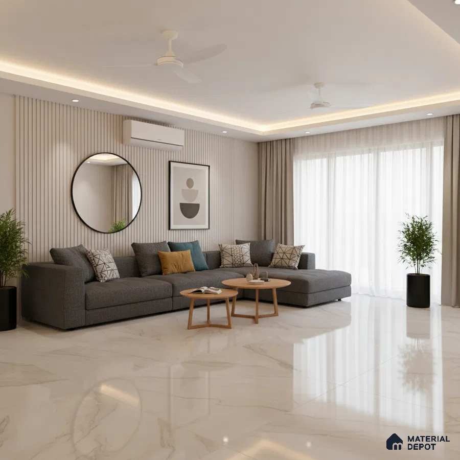 Modern living room with marble-look floor tiles and fluted wall panels in Bengaluru