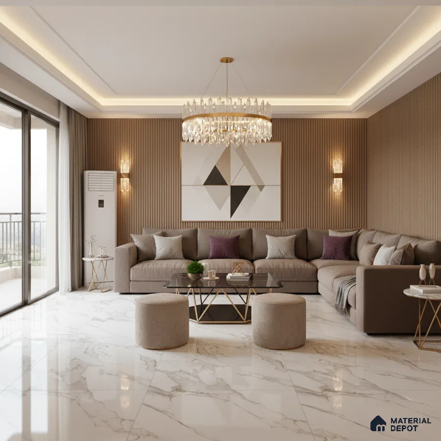 Modern living room with marble-look floor tiles and fluted wood wall panels in Bengaluru