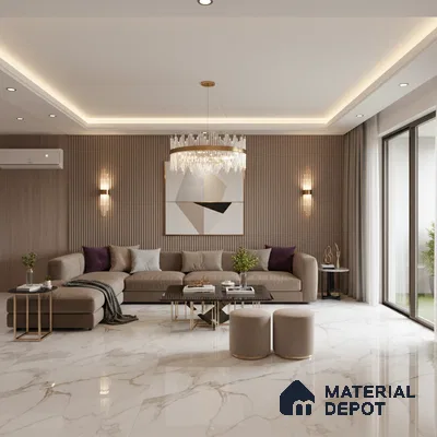 Modern living room with marble-look floor tiles and fluted wood wall panels in Bengaluru