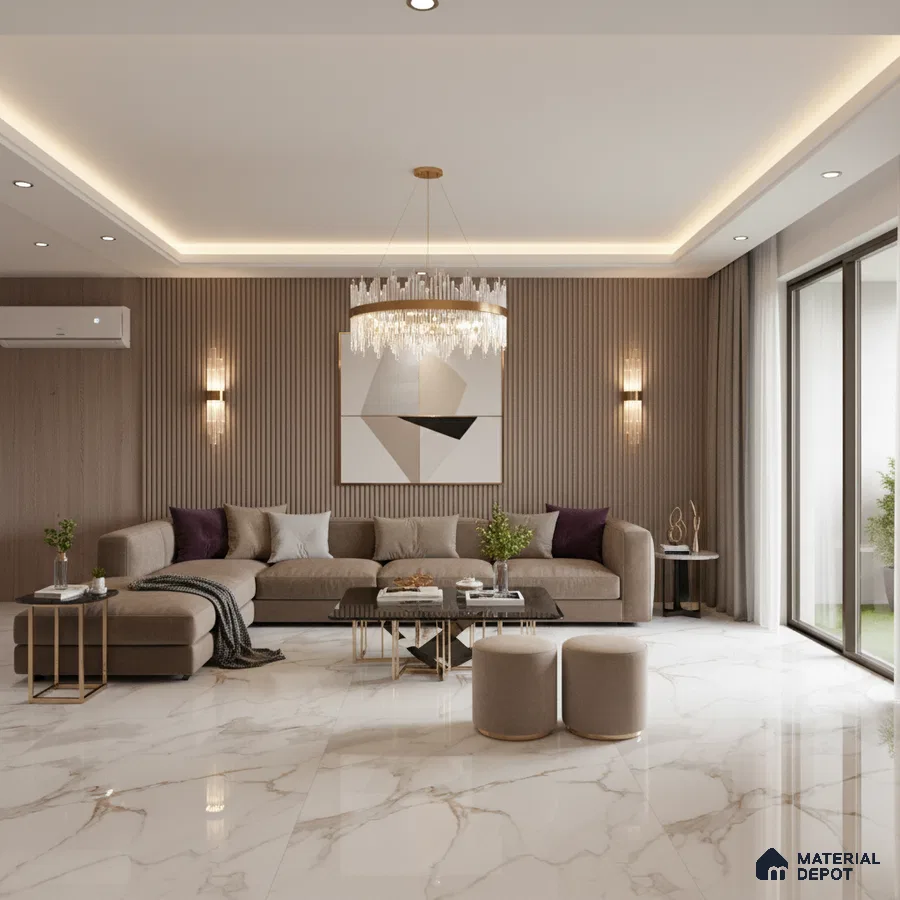 Modern living room with marble-look floor tiles and fluted wood wall panels in Bengaluru