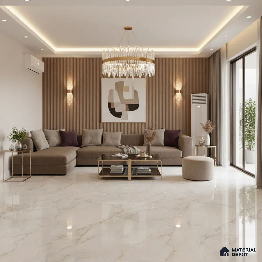 Modern living room with marble-look floor tiles and vertical wood fluted wall panels in Bengaluru
