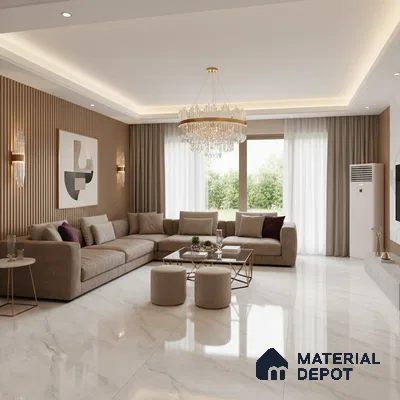 Modern living room with marble-look floor tiles and vertical wood louver accent wall in Bengaluru