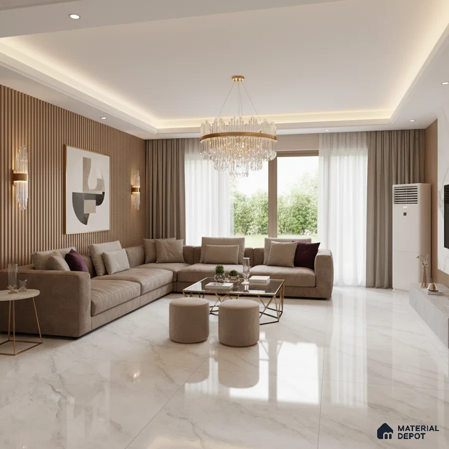 Modern living room with marble-look floor tiles and vertical wood louver accent wall in Bengaluru