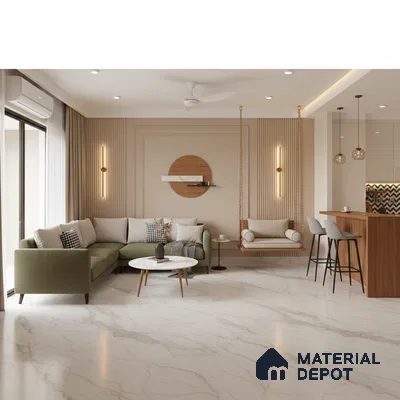 Modern living room with marble-look floor tiles, wood slat wall panels, and olive green sofa in Bengaluru