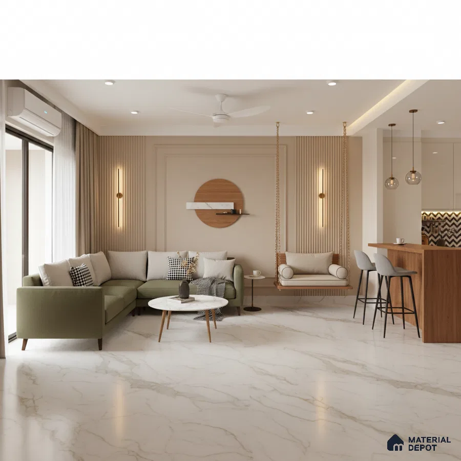 Modern living room with marble-look floor tiles, wood slat wall panels, and olive green sofa in Bengaluru