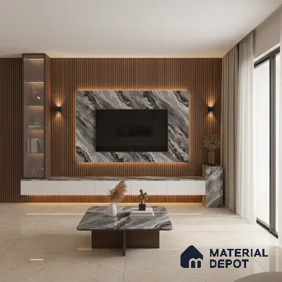 Modern living room with walnut wood louvers, grey textured stone TV wall, and beige marble floor tiles in Bengaluru