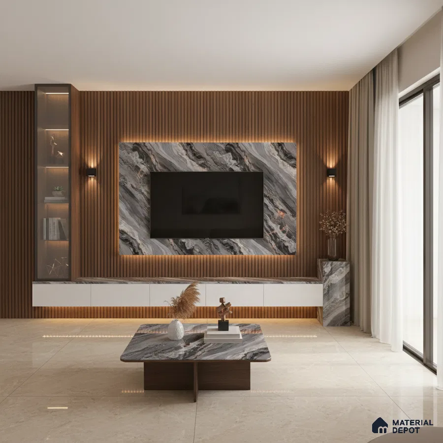 Modern living room with walnut wood louvers, grey textured stone TV wall, and beige marble floor tiles in Bengaluru