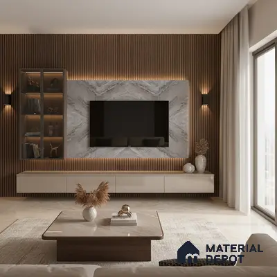 Modern living room with white marble laminate TV wall, beige marble floor tiles, and wooden louver accent in Bengaluru