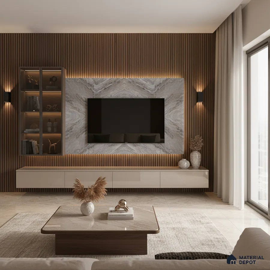 Modern living room with white marble laminate TV wall, beige marble floor tiles, and wooden louver accent in Bengaluru
