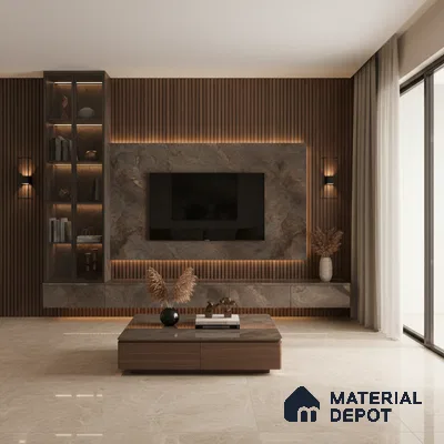 Modern living room with white marble laminate TV wall, walnut wood louvers, and beige marble floor tiles in Bengaluru