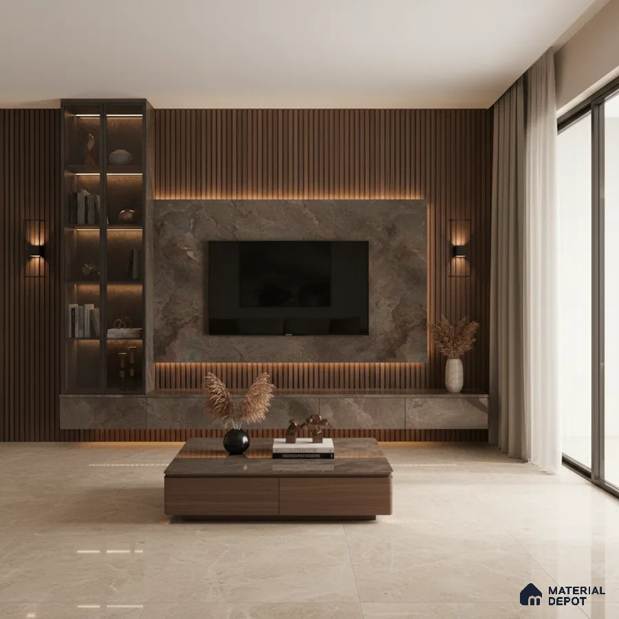 Modern living room with white marble laminate TV wall, walnut wood louvers, and beige marble floor tiles in Bengaluru