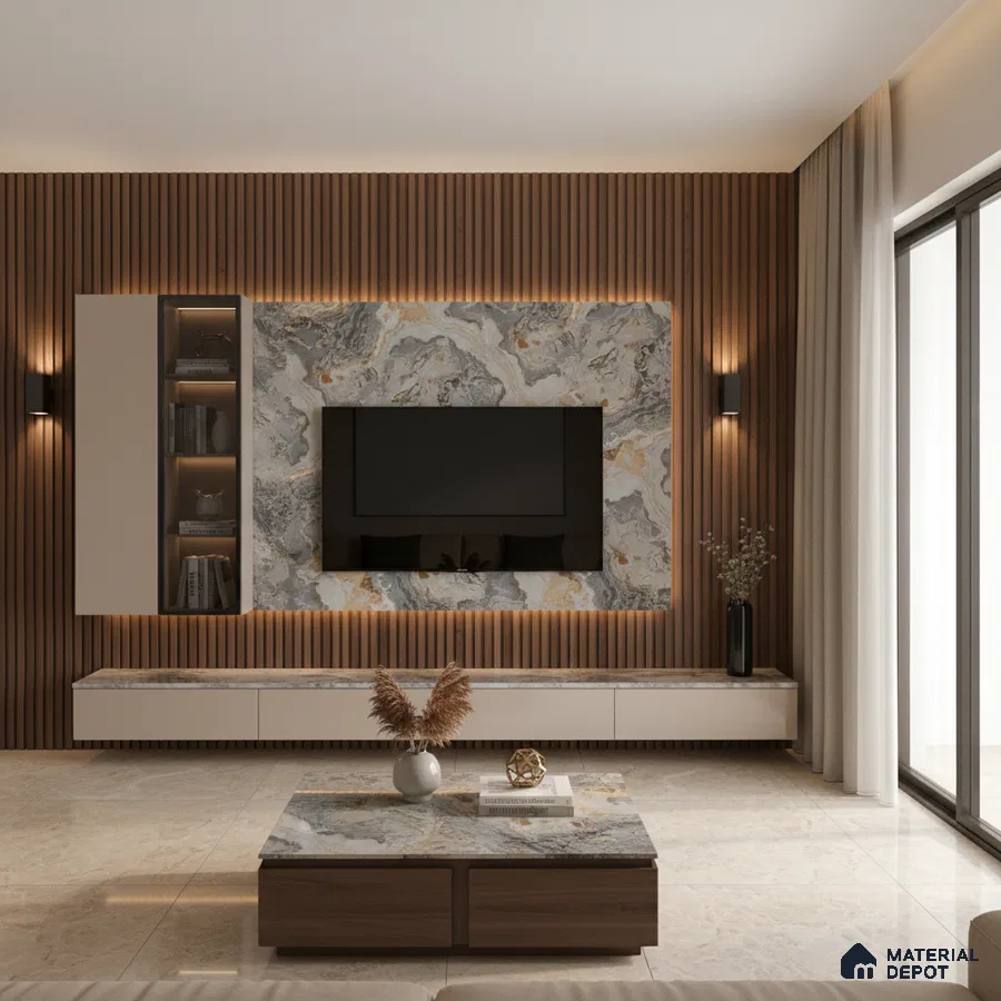 Modern living room with marble-look wall panel, wooden louvers, and beige marble floor tiles in Bengaluru