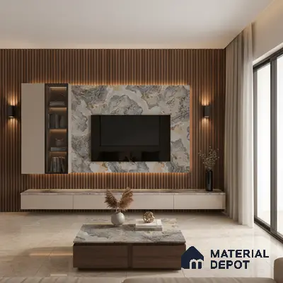 Modern living room with marble-look wall panel, wooden louvers, and beige marble floor tiles in Bengaluru