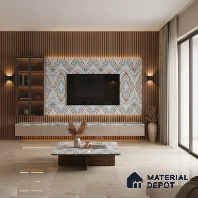 Modern TV unit with white marble laminate, walnut brown fluted panels, and floating cabinet in Bengaluru