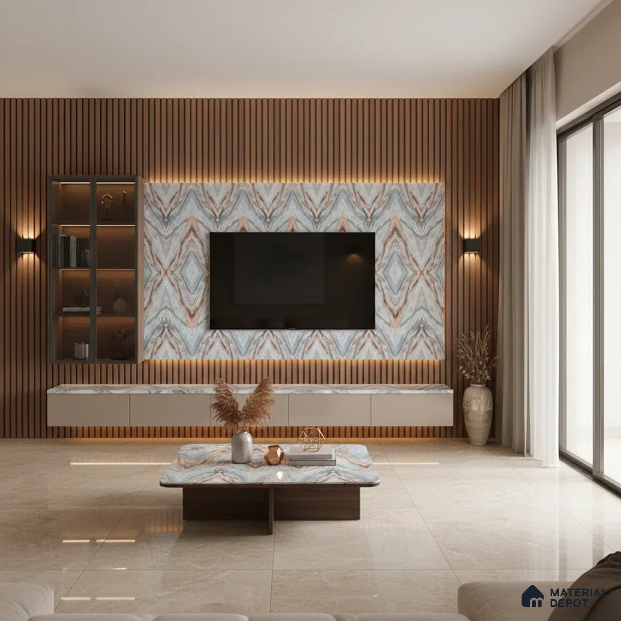 Modern TV unit with white marble laminate, walnut brown fluted panels, and floating cabinet in Bengaluru