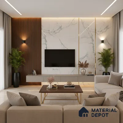 Modern living room with marble laminate TV unit, wooden fluted panels, and beige marble floor tiles in Bengaluru