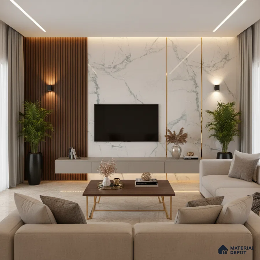 Modern living room with marble laminate TV unit, wooden fluted panels, and beige marble floor tiles in Bengaluru