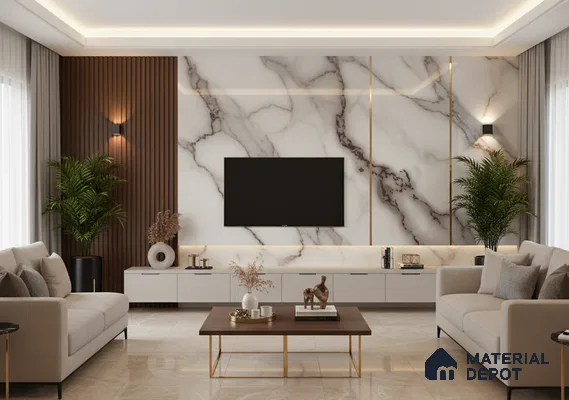 Modern living room with marble-look laminate TV unit, walnut wood louvers, and beige marble floor tiles in Bengaluru