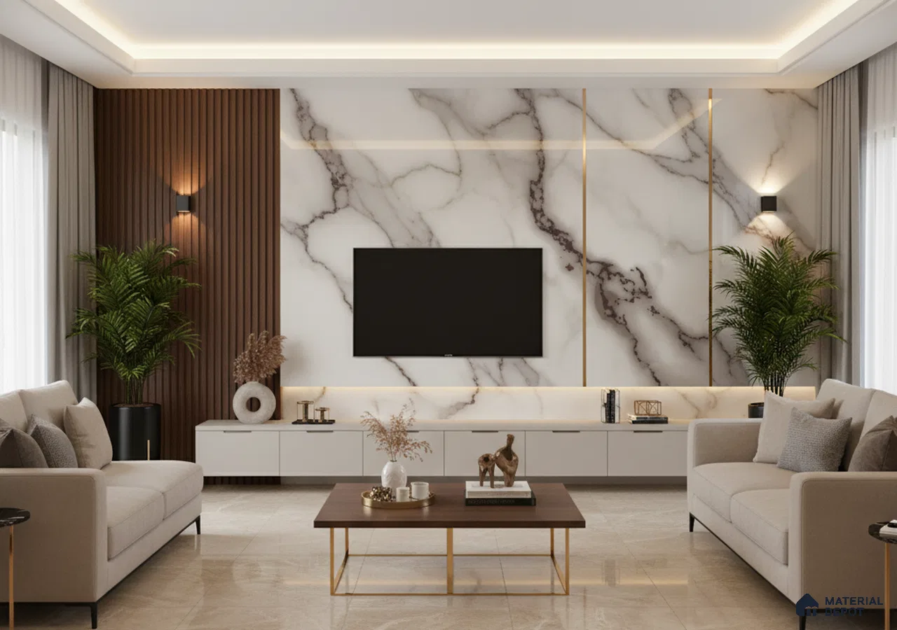 Modern living room with marble-look laminate TV unit, walnut wood louvers, and beige marble floor tiles in Bengaluru